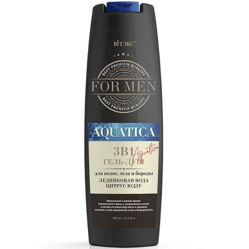 Витэкс FOR MEN Aquatica 3в1 Гель-душ для волос, тела и бороды Ледник/вода и Цитрус Юдзу, 400мл