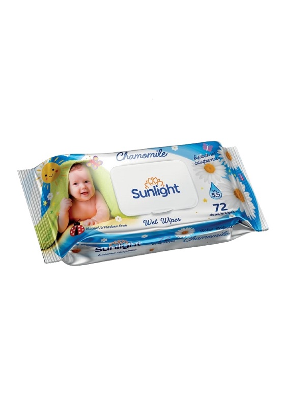 SUNLIGHT BABY Салфетки влажные Детские 72 шт. с ромашкой, (с клапаном)