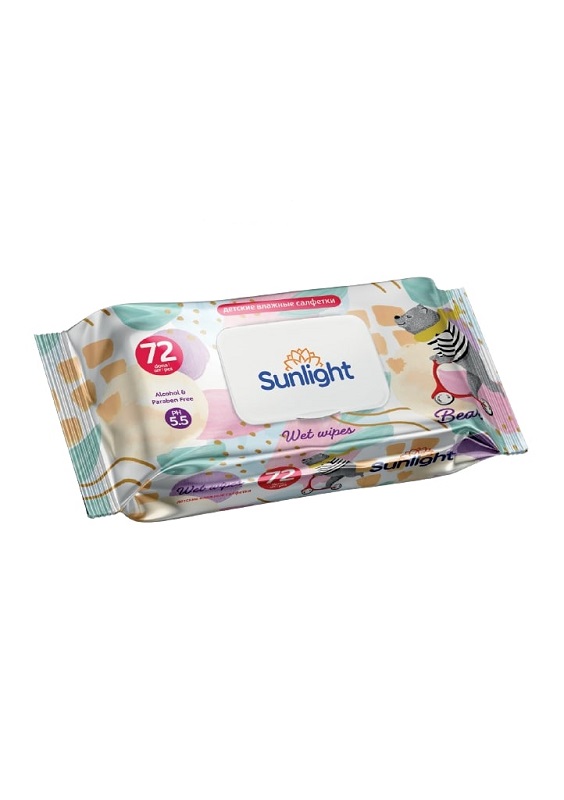 SUNLIGHT BABY ECO Салфетки влажные Детские 72 шт, Мишка (с клапаном)