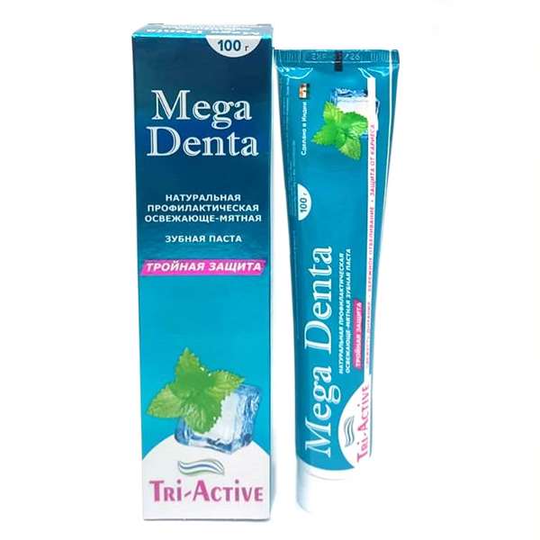 Mega Denta Зубная паста Тройная защита Tri-Activ натуральная профилактическая освежающе-мятная ,100г.