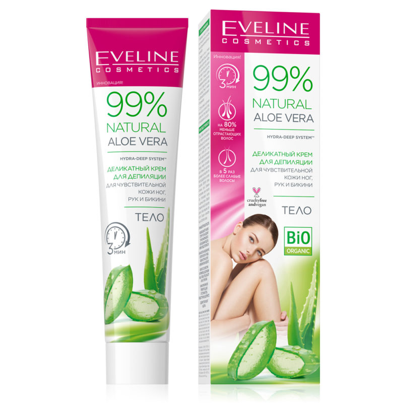 Eveline.Депилятор-крем 99% Natural Алоэ Деликатный д/чувств. кожи ног, рук и бикини, 125мл