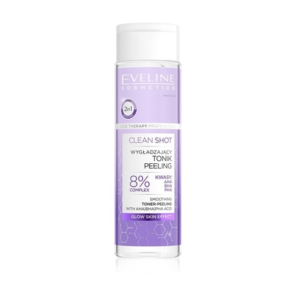 Eveline CLEAN  SHOT ТОНИК-ПИЛИНГ РАЗГЛАЖ. С  КИСЛОТАМИ  8%  КОМПЛЕКС АНА, ВНА, РНА, 200 мл